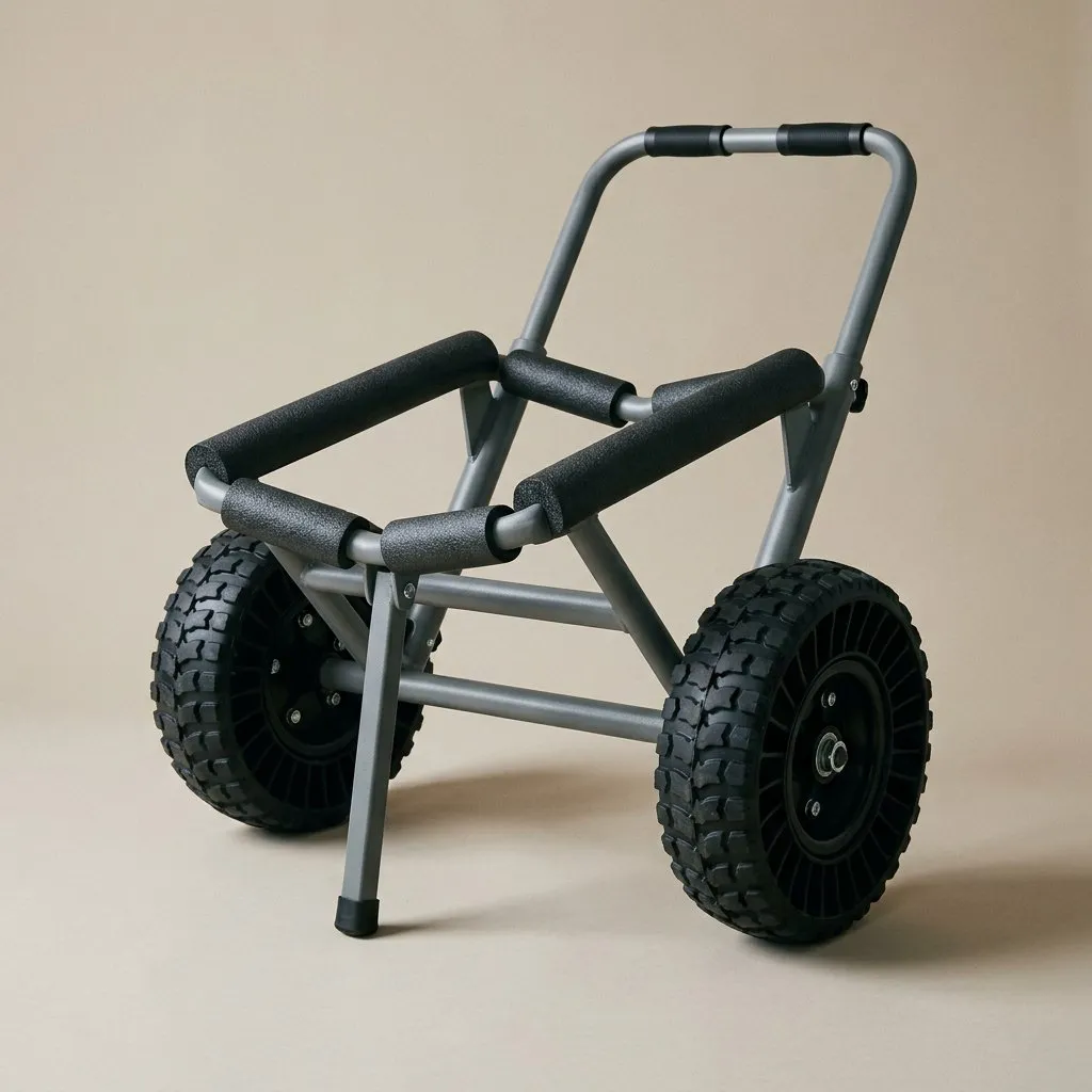 Heavy powder-coated steel cart with padded bunk arms and large knobbly airless all-terrain tyres. Illustration, not a photograph of the product.