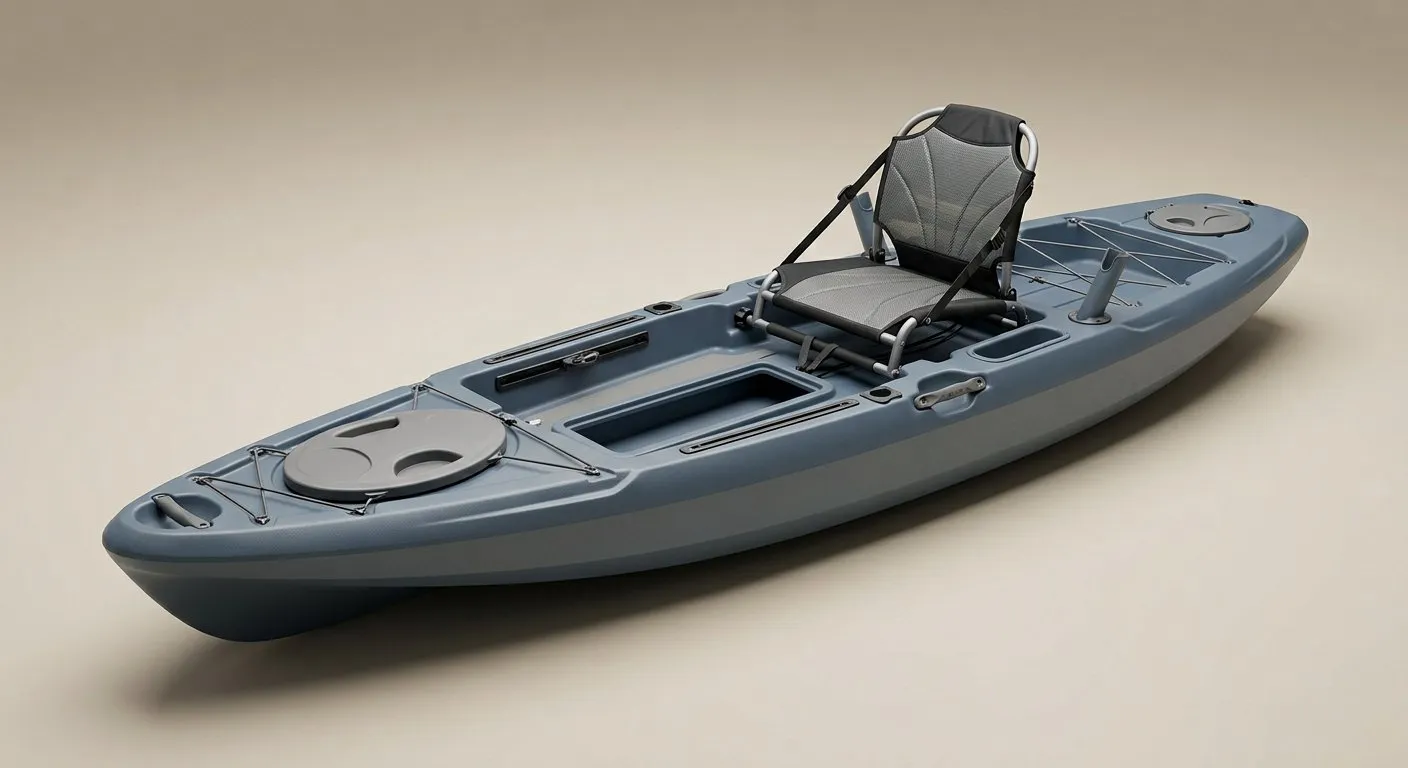 Blue-grey sit-on-top pedal kayak with a raised mesh seat, central drive well and round hatches. Illustration, not a photograph of the product.