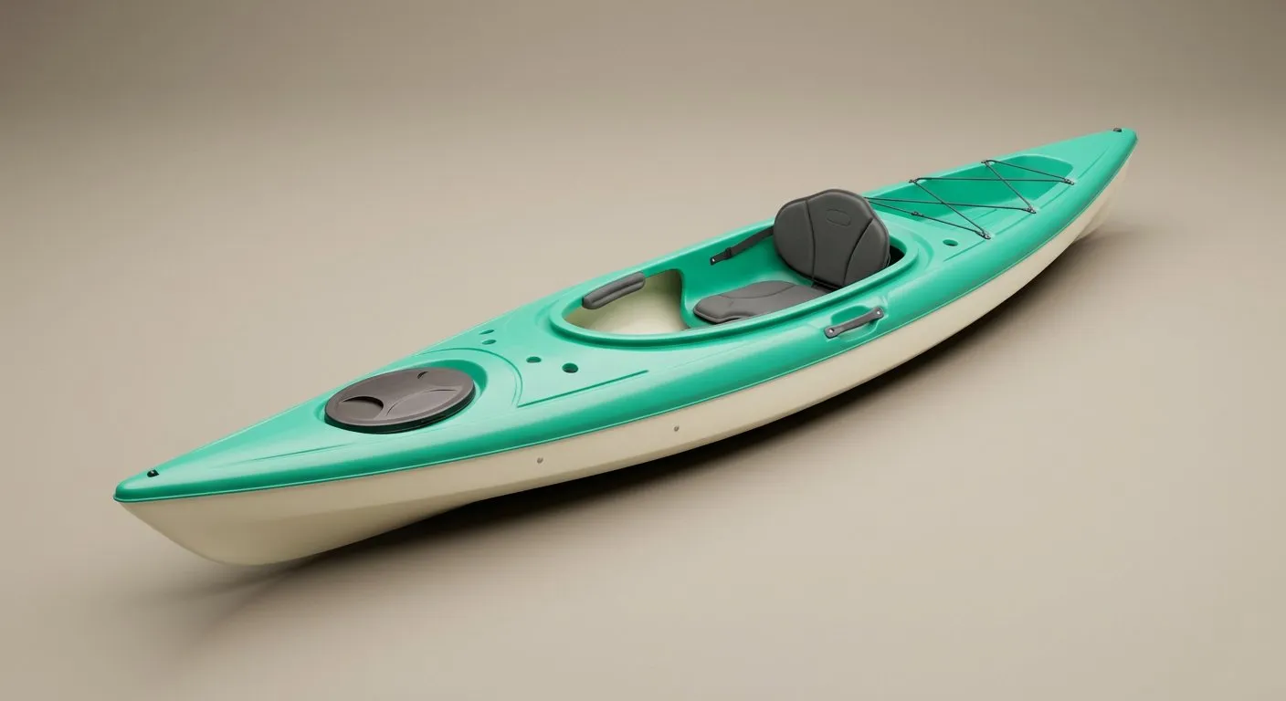 Green and white sit-on-top kayak with an open cockpit recess and a round bow hatch. Illustration, not a photograph of the product.